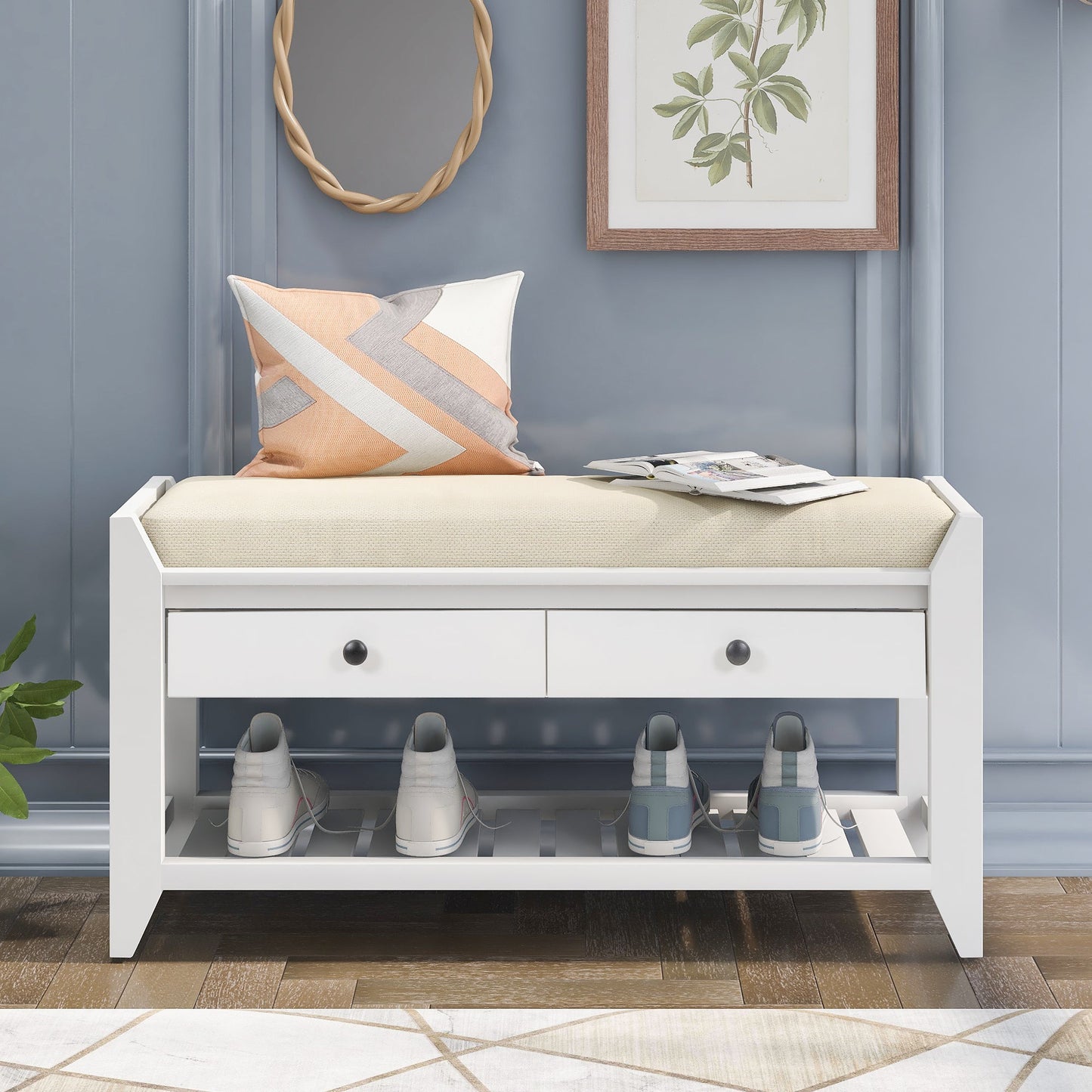 TREXM Entryway Storage Bench with Shoe Rack - White