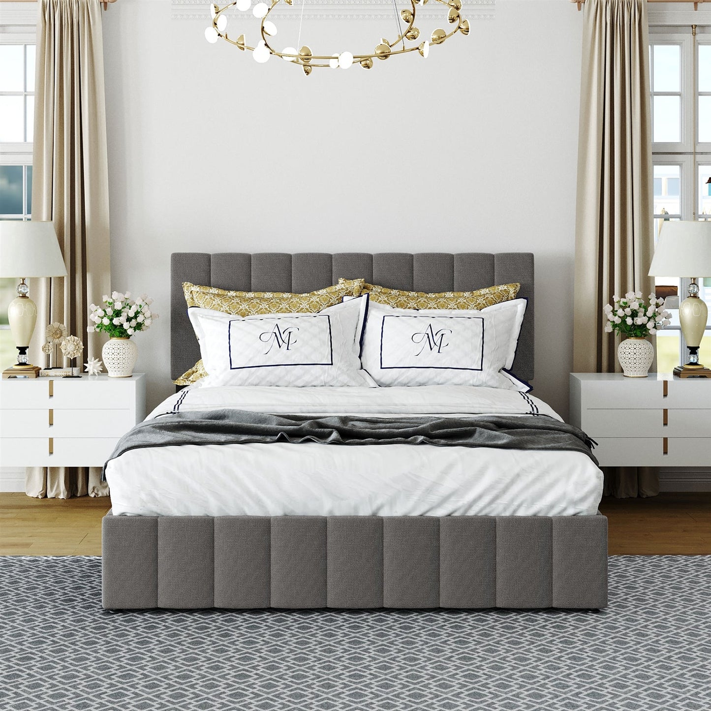 Destiny II Full Size Gray Linen Platform Bed with Storage