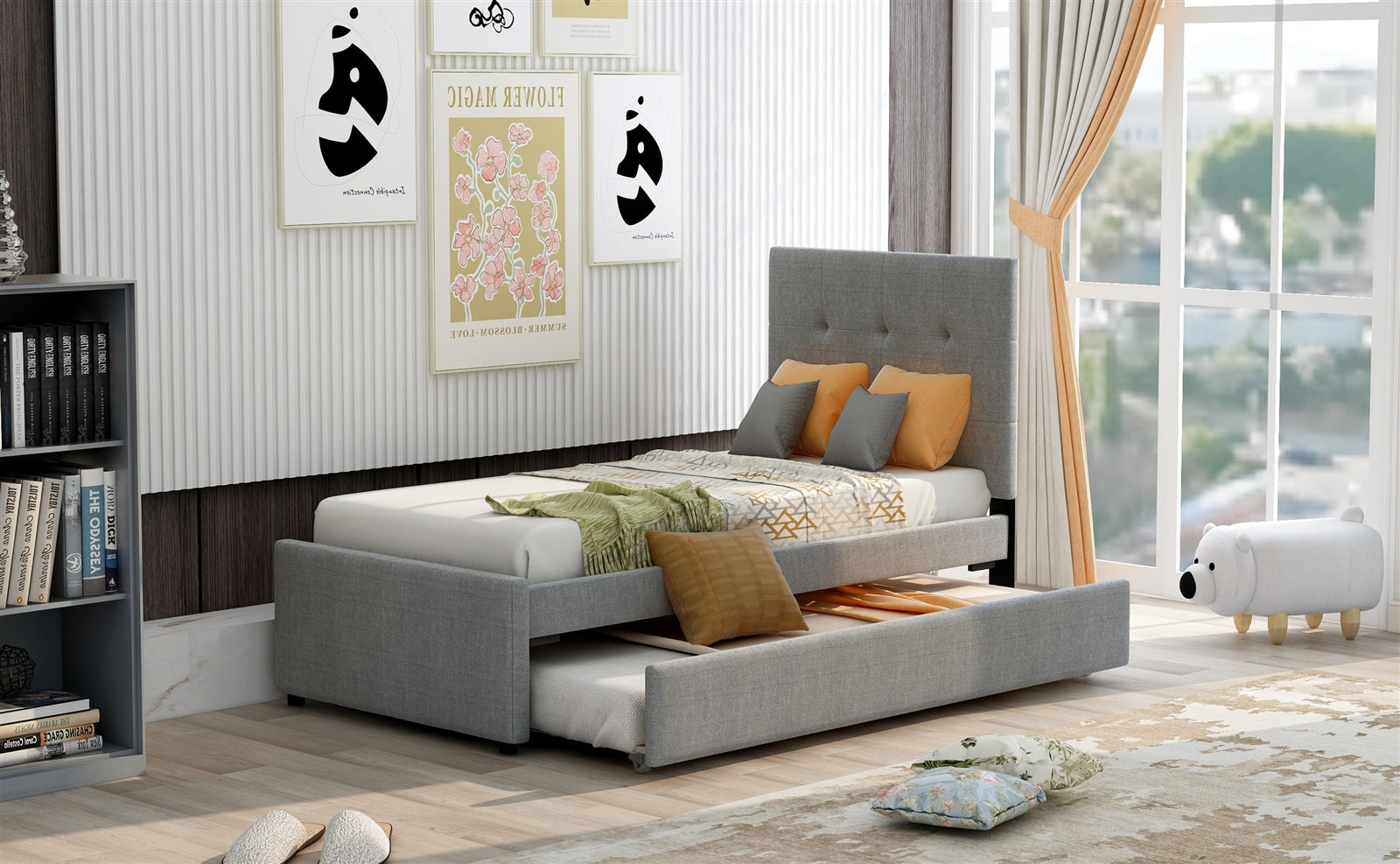 Linen Upholstered Platform Bed With Headboard and Trundle, Full