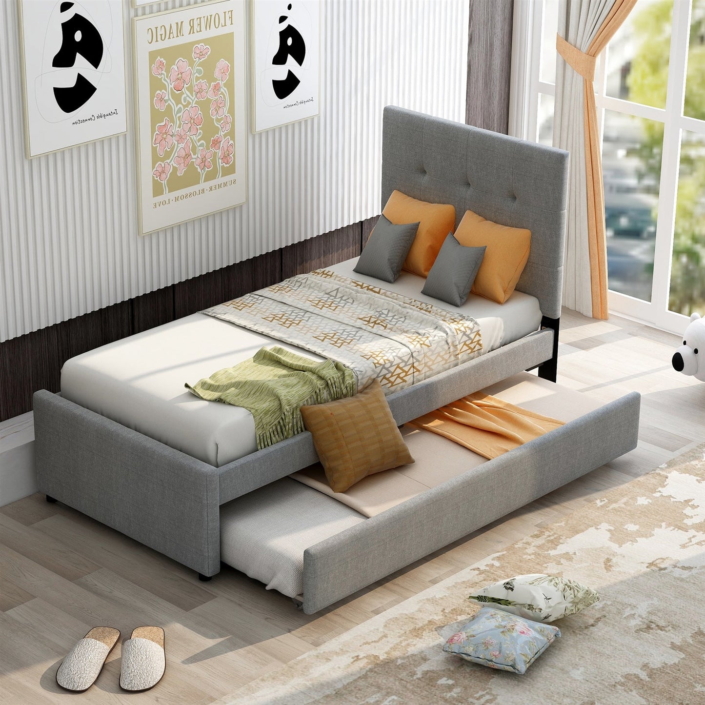 Linen Upholstered Platform Bed With Headboard and Trundle, Full