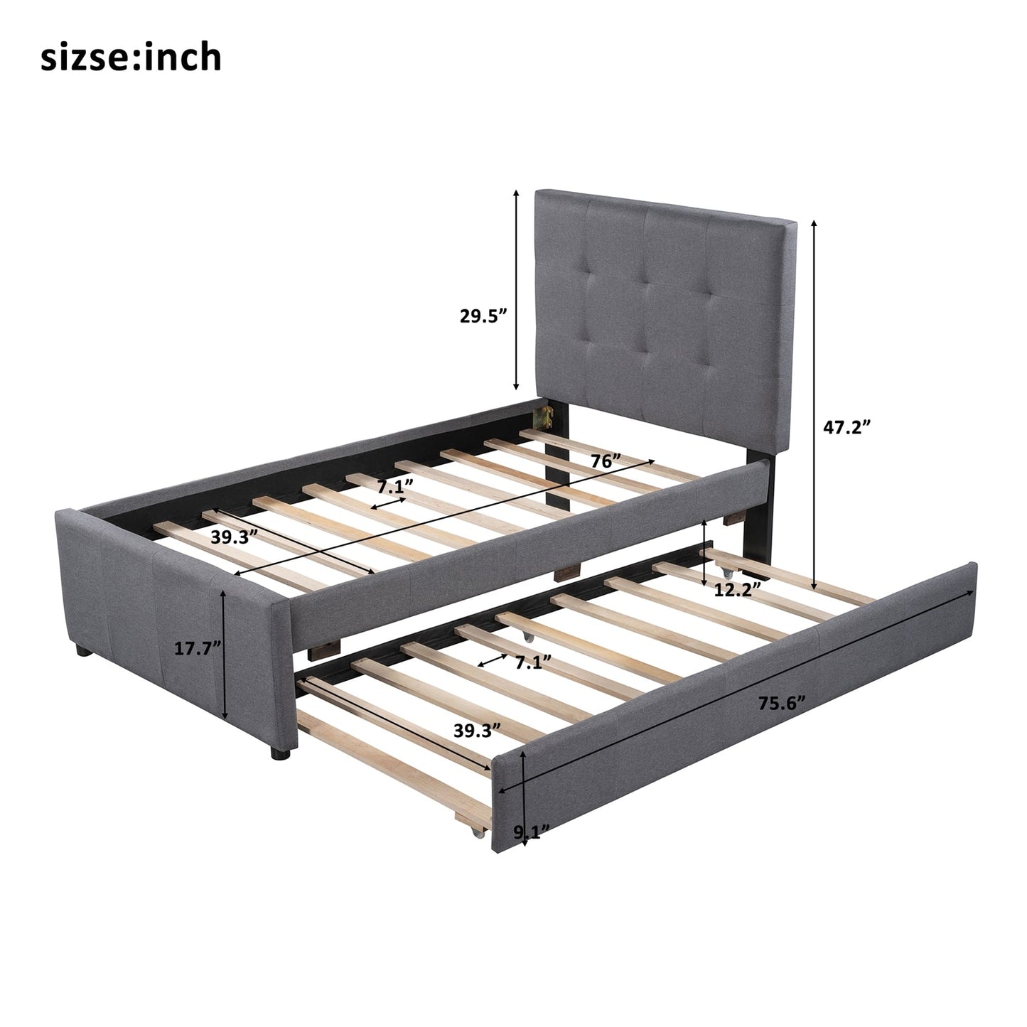 Linen Upholstered Platform Bed With Headboard and Trundle, Full