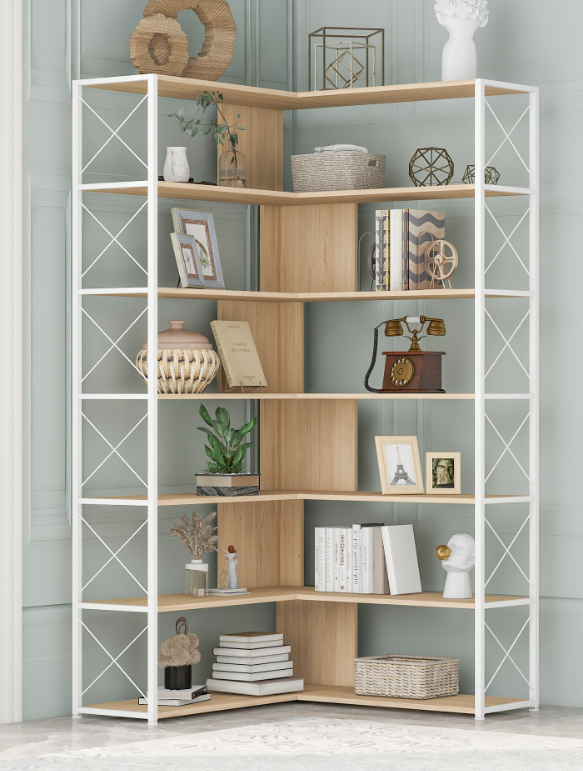 7-Tier L-Shaped Corner Bookcase with Metal Frame