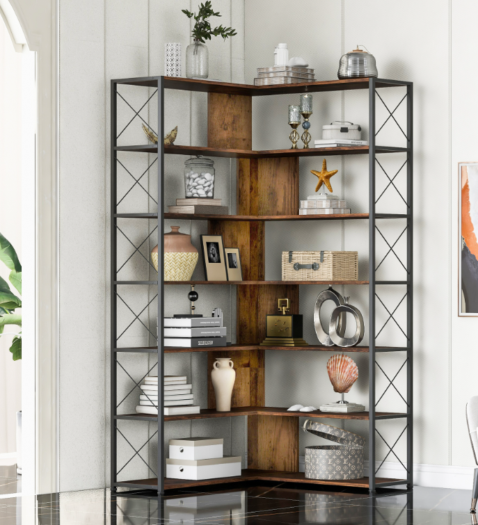 7-Tier L-Shaped Corner Bookcase with Metal Frame