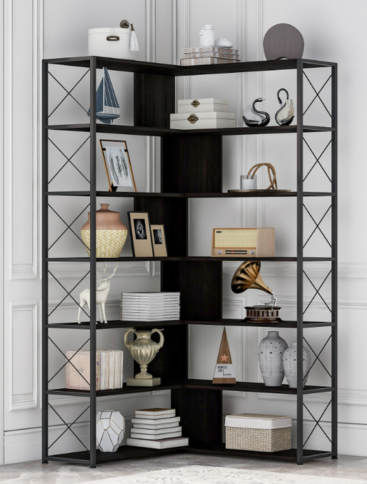 7-Tier L-Shaped Corner Bookcase with Metal Frame