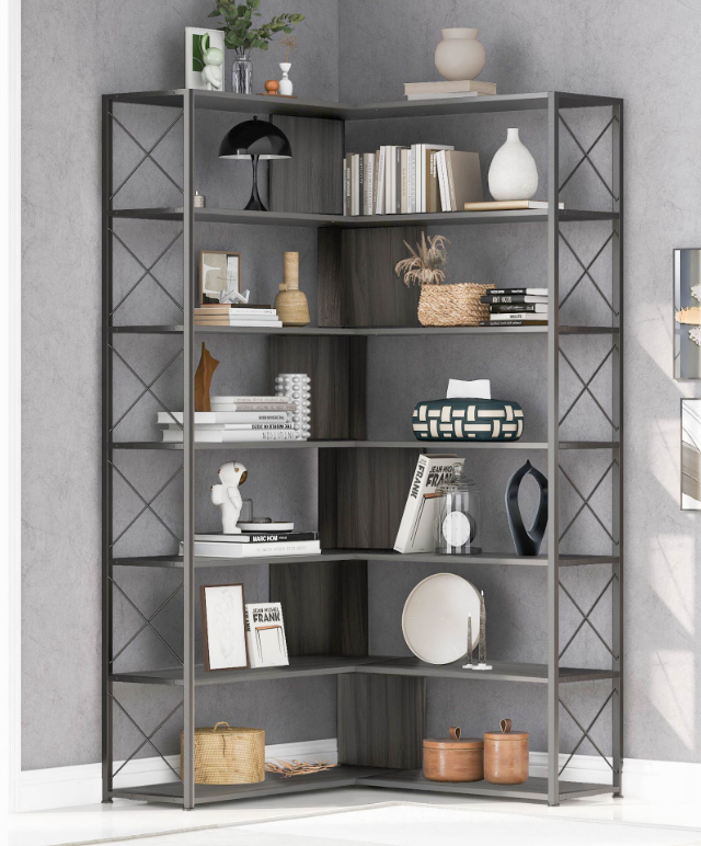 7-Tier L-Shaped Corner Bookcase with Metal Frame