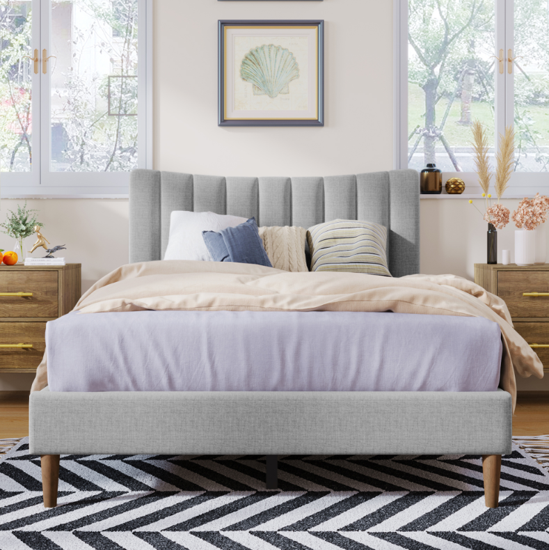 Bed Best Platform Bed Frame with Vertical Channel Tufted Headboard in Gray