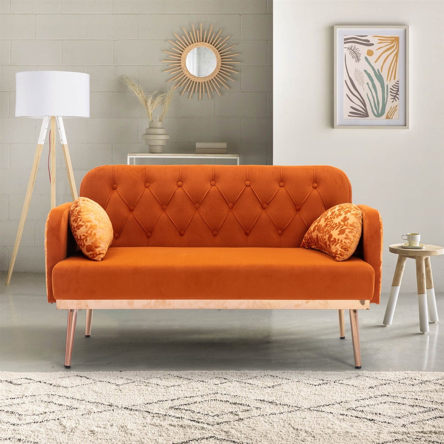 Kent Loveseat in Orange Velvet w- Rose Gold Legs