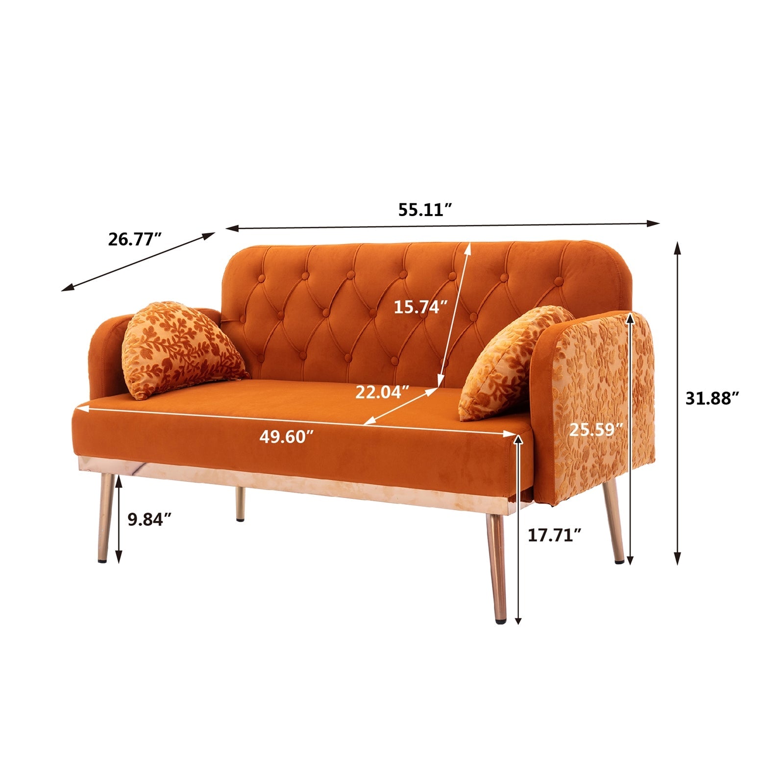 Kent Loveseat in Orange Velvet w- Rose Gold Legs