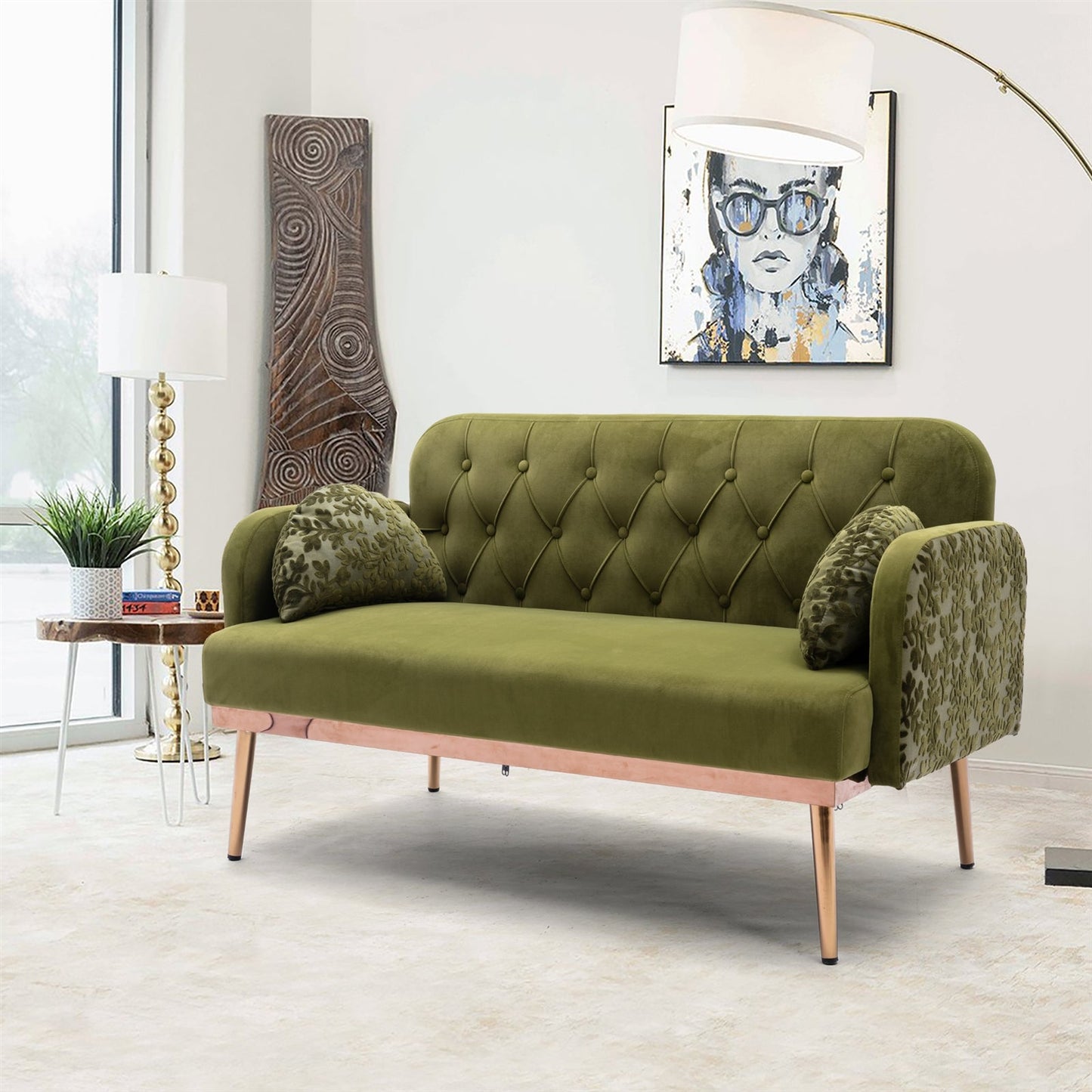 Kent Loveseat in Green Velvet w- Rose Gold Legs