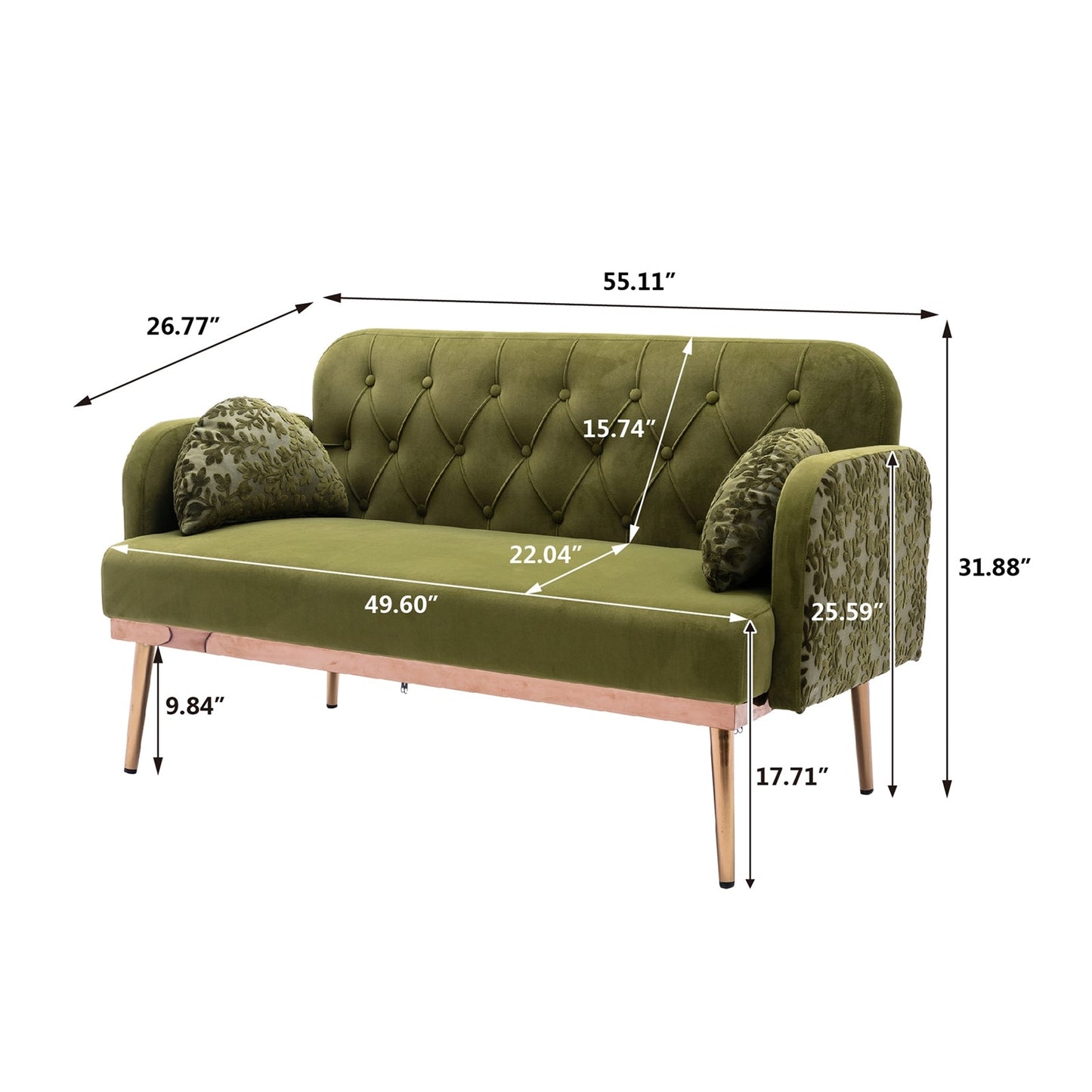 Kent Loveseat in Green Velvet w- Rose Gold Legs