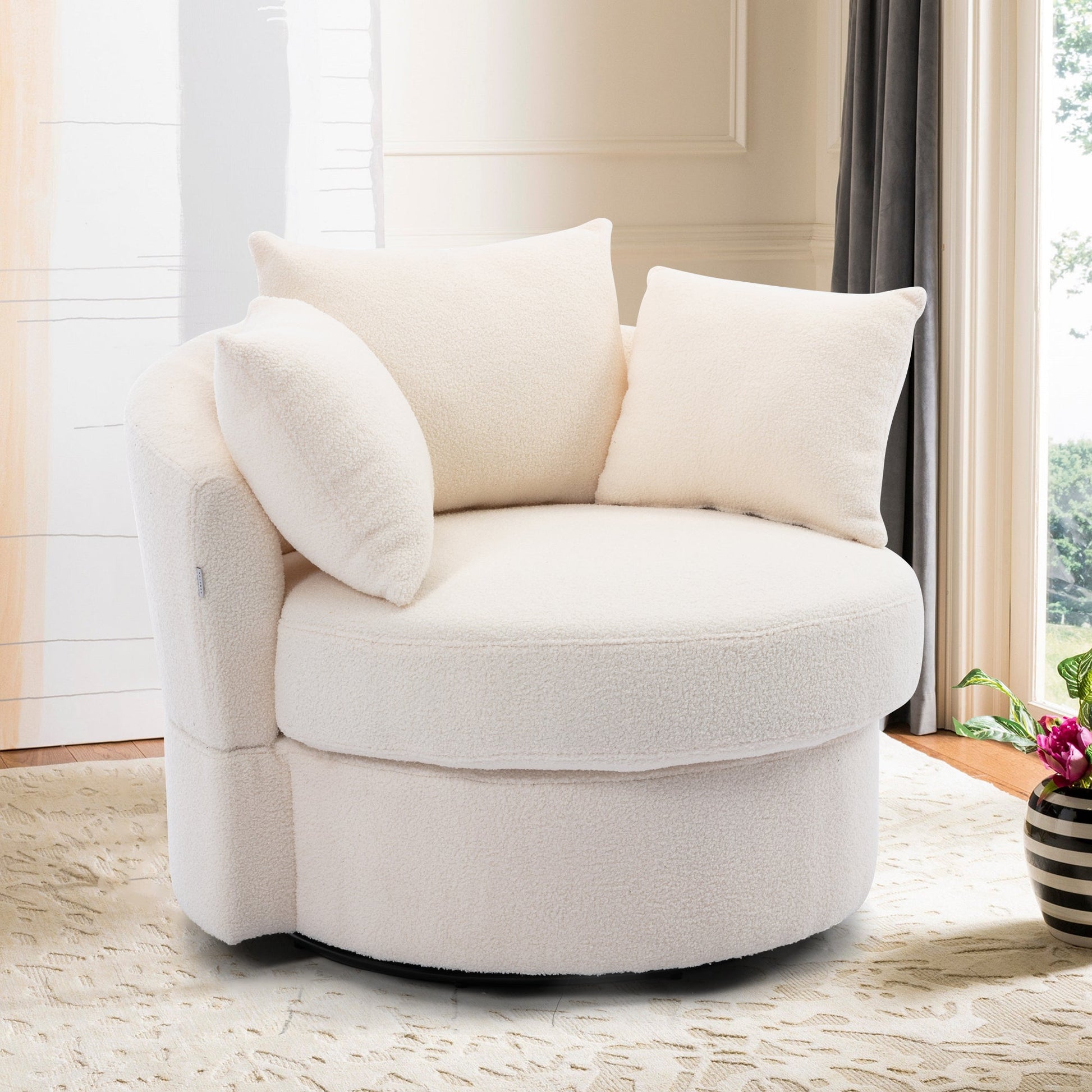 Modern Akili Swivel Barrel Chair in Plush Teddy Fabric