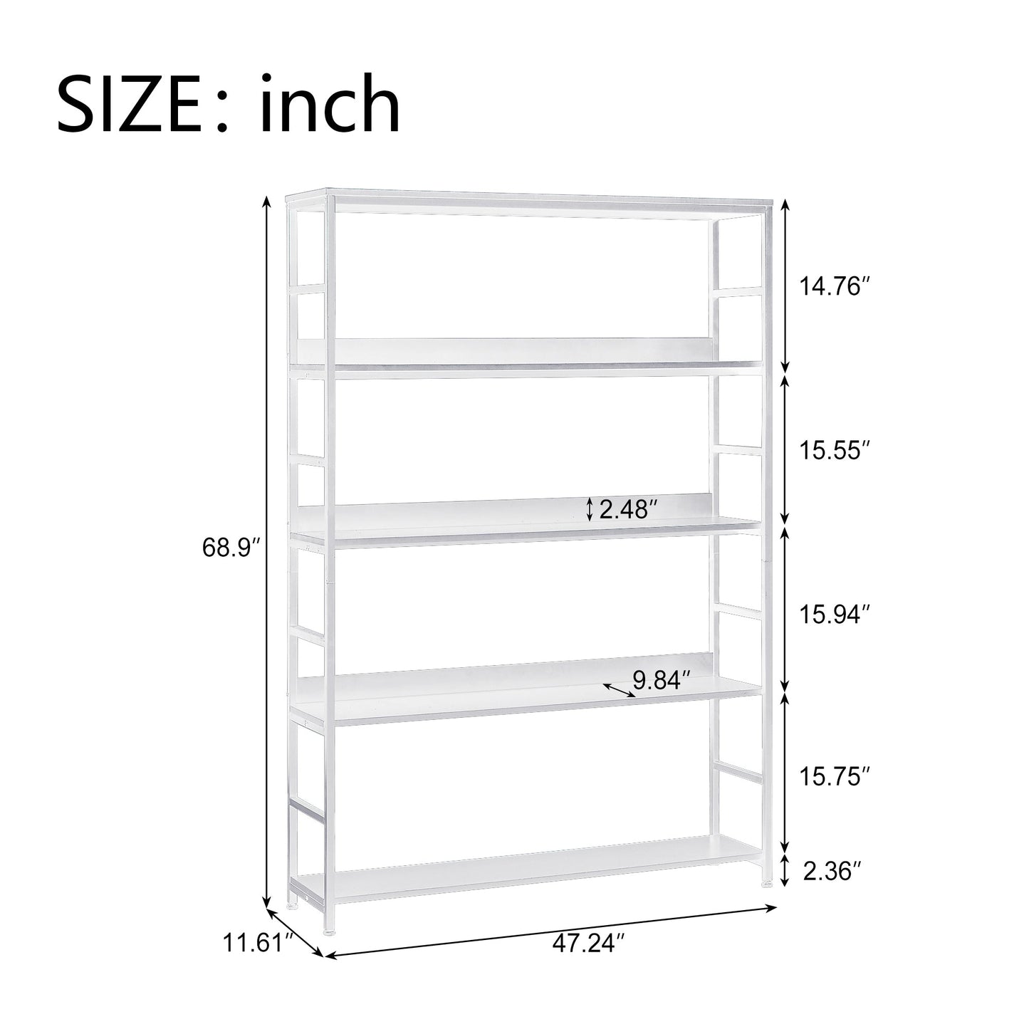 Large 5 Shelf Bookshelf with Metal Frame