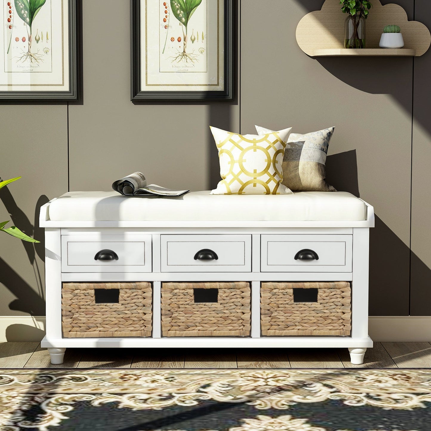 TREXM Rustic Storage Bench with 3 Drawers and 3 Rattan Baskets - White