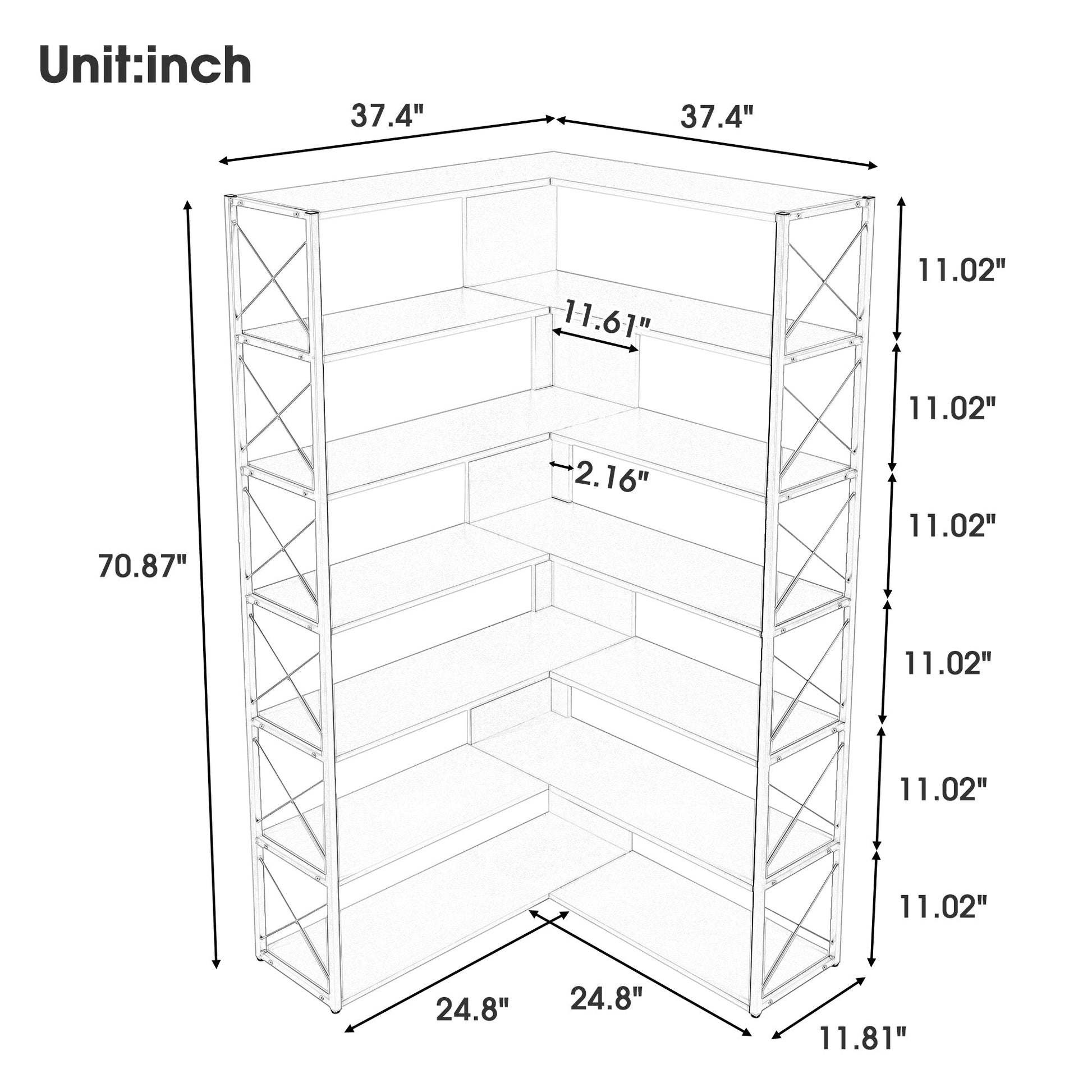 7-Tier L-Shaped Corner Bookcase with Metal Frame