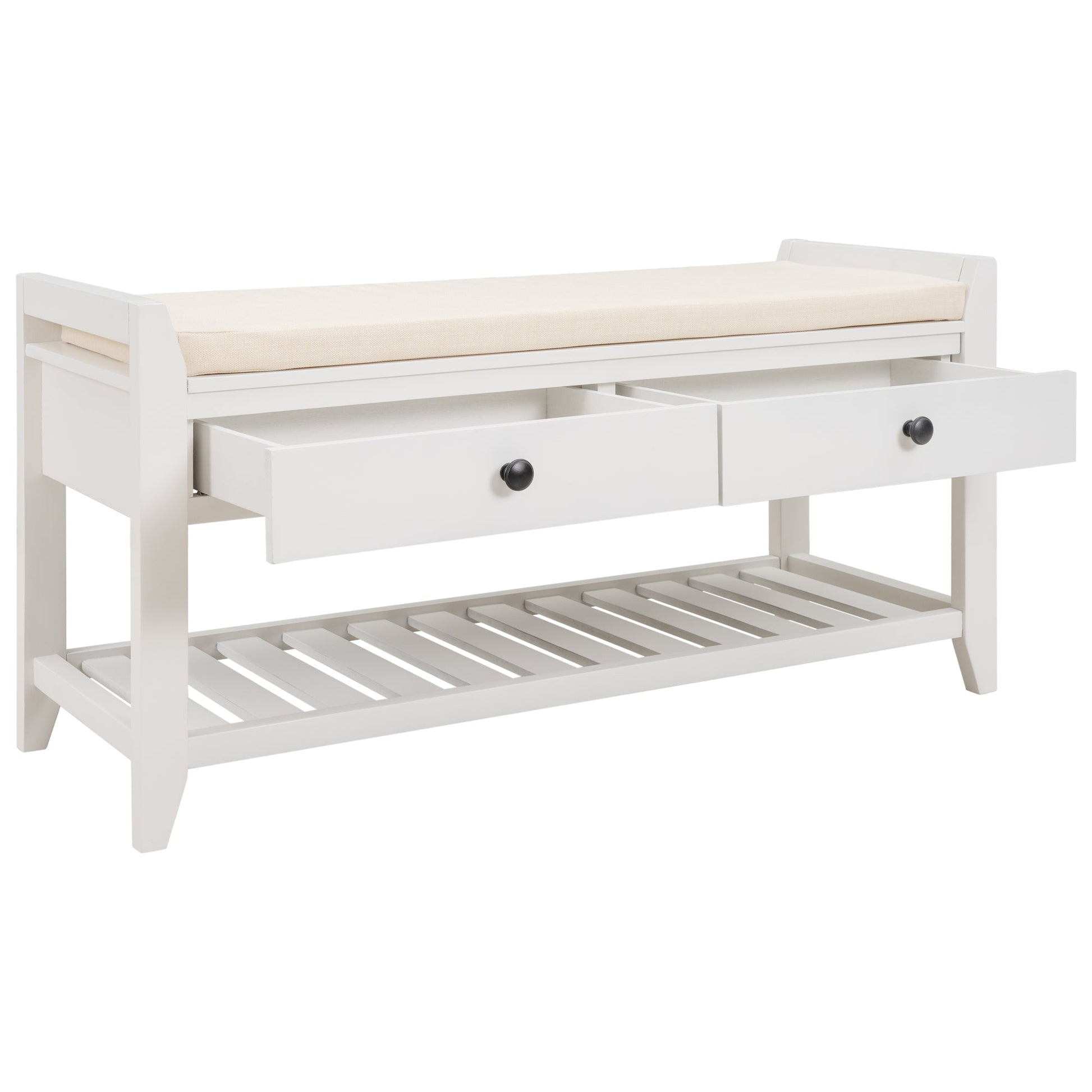 TREXM Entryway Storage Bench with Shoe Rack - White