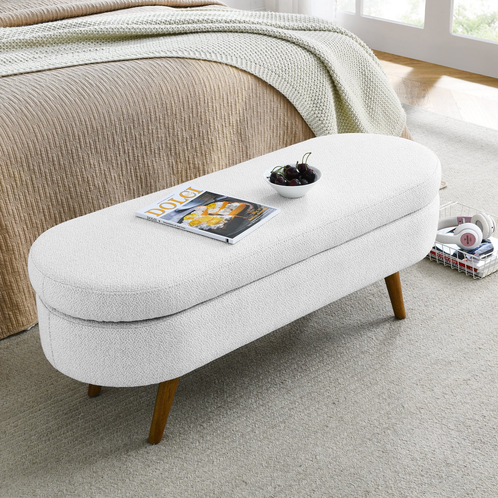 Oval Storage Bench with Angled Walnut Legs