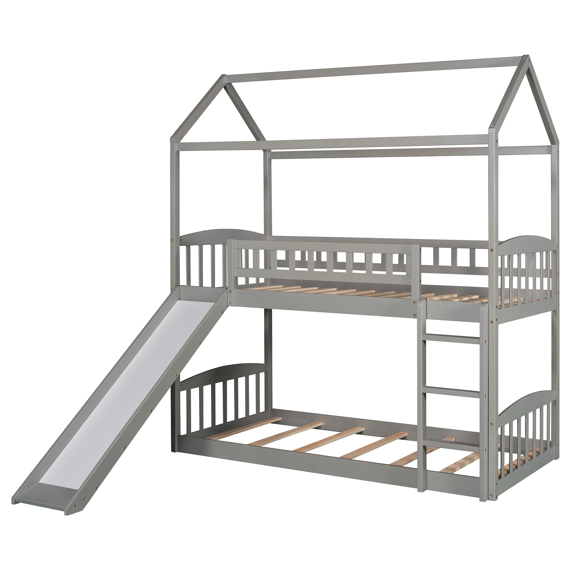 Twin Over Twin Bunk Bed with Slide, House Bed with Slide, Gray