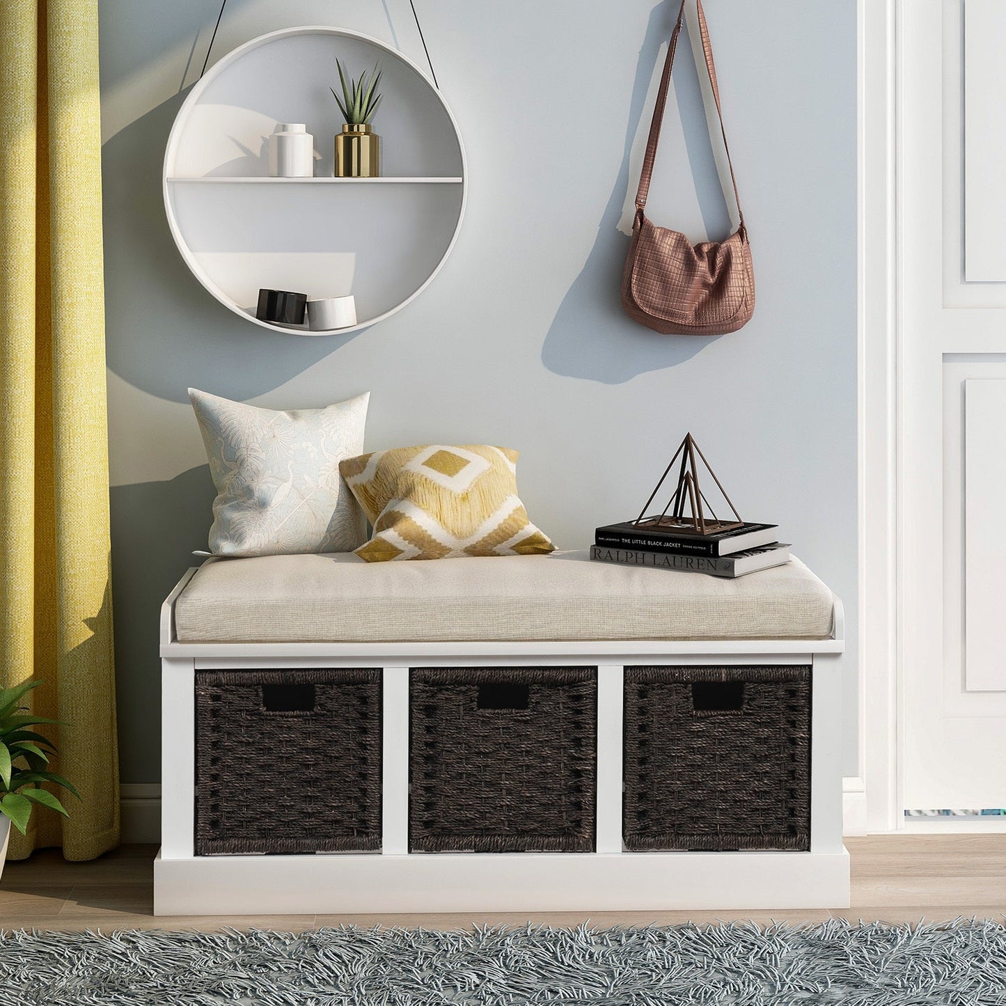 TREXM Rustic Storage Bench with 3 Removable Classic Rattan Baskets - White