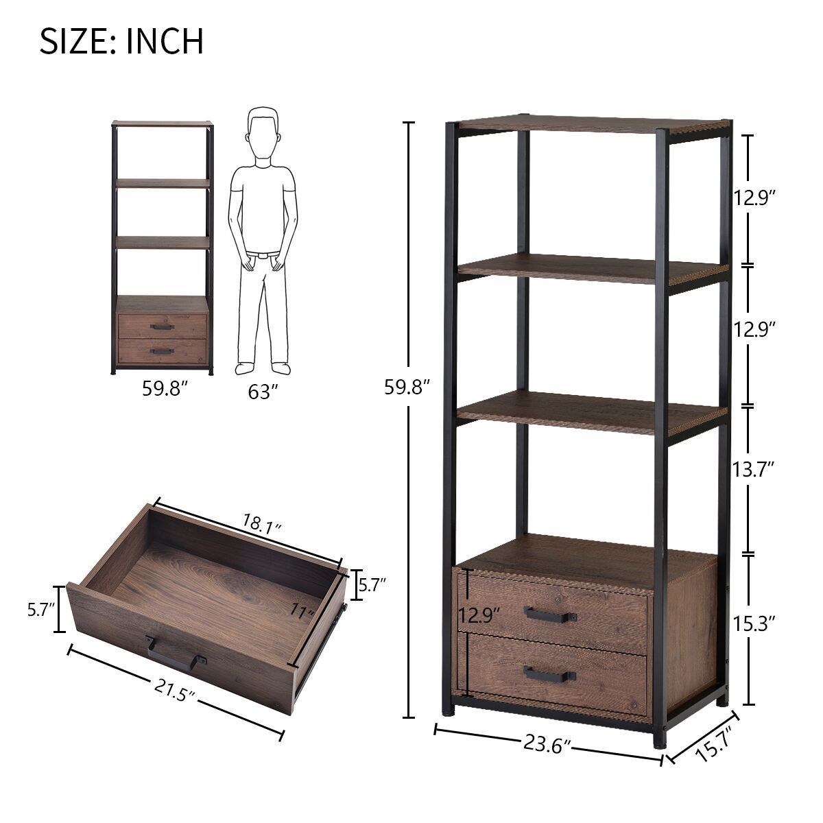 4-Tier Bookshelf Industrial Bookcase with 4 Open Storage Shelves and Two Drawers