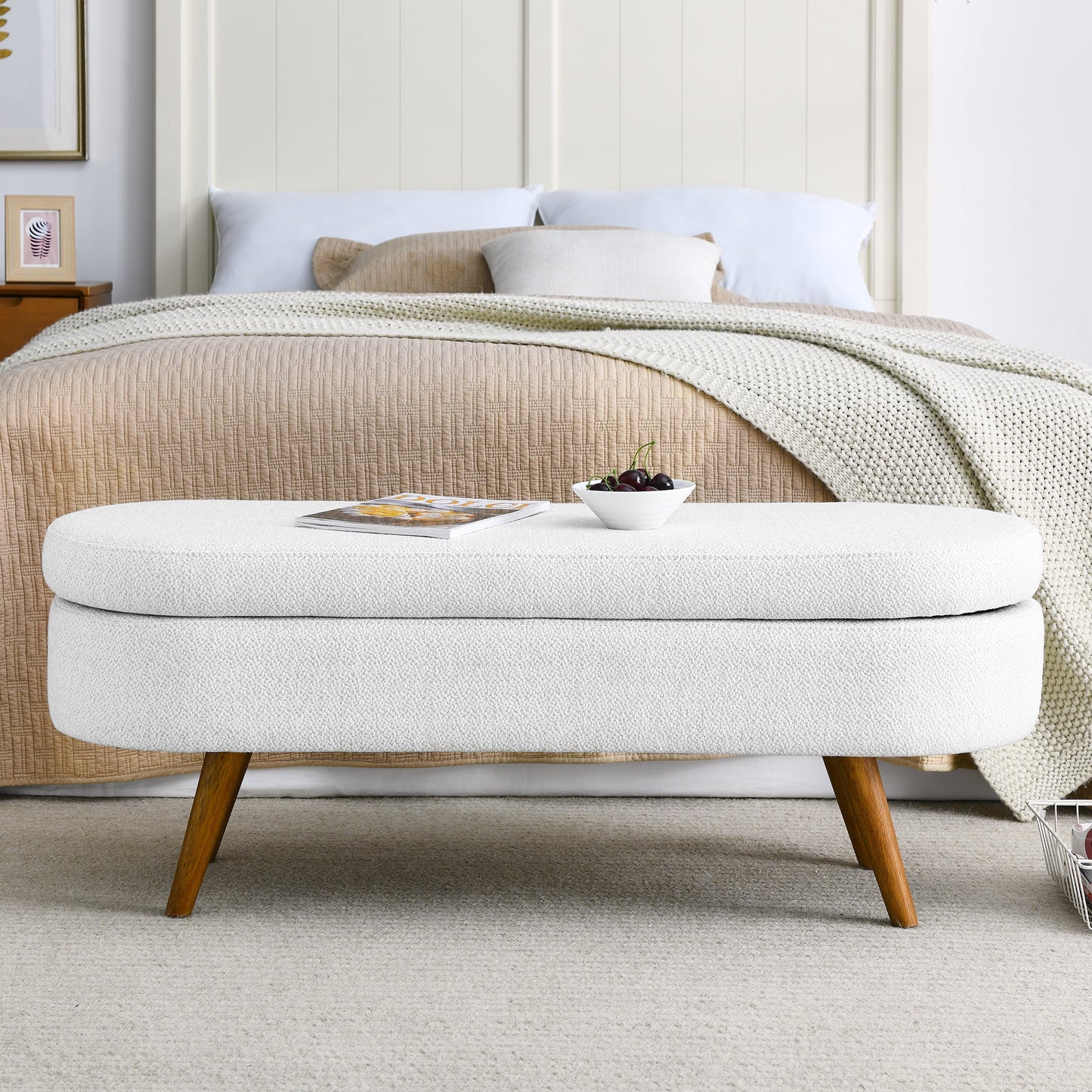 Oval Storage Bench with Angled Walnut Legs