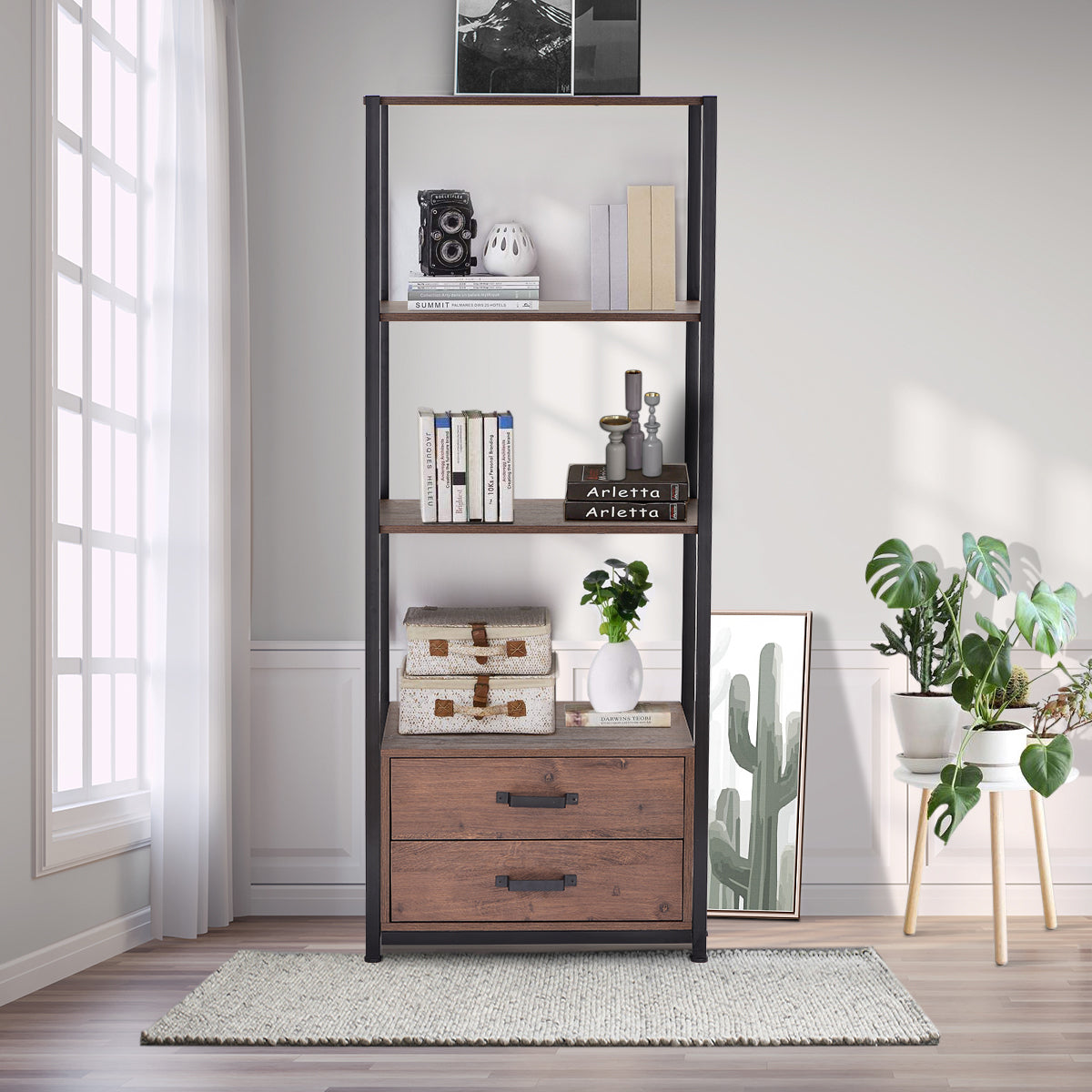 4-Tier Bookshelf Industrial Bookcase with 4 Open Storage Shelves and Two Drawers