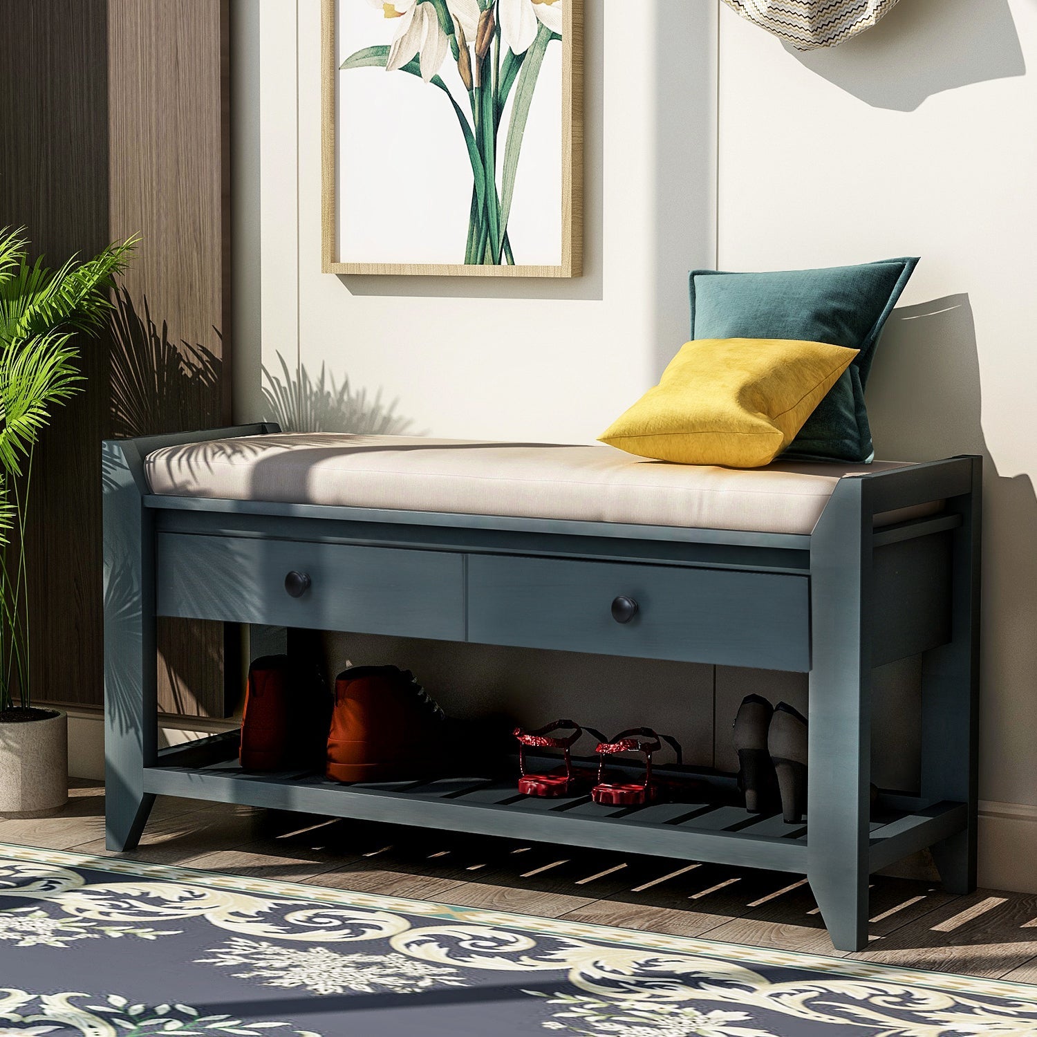 TREXM Entryway Storage Bench with Cushioned Seat - Antique Navy