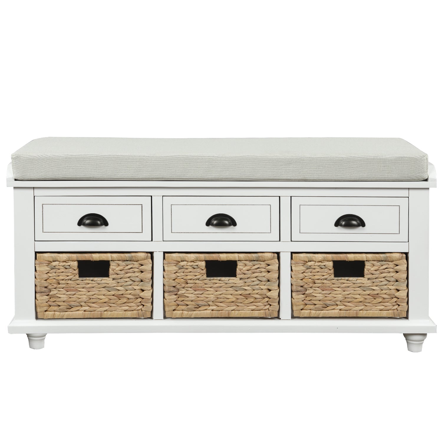 TREXM Rustic Storage Bench with 3 Drawers and 3 Rattan Baskets - White