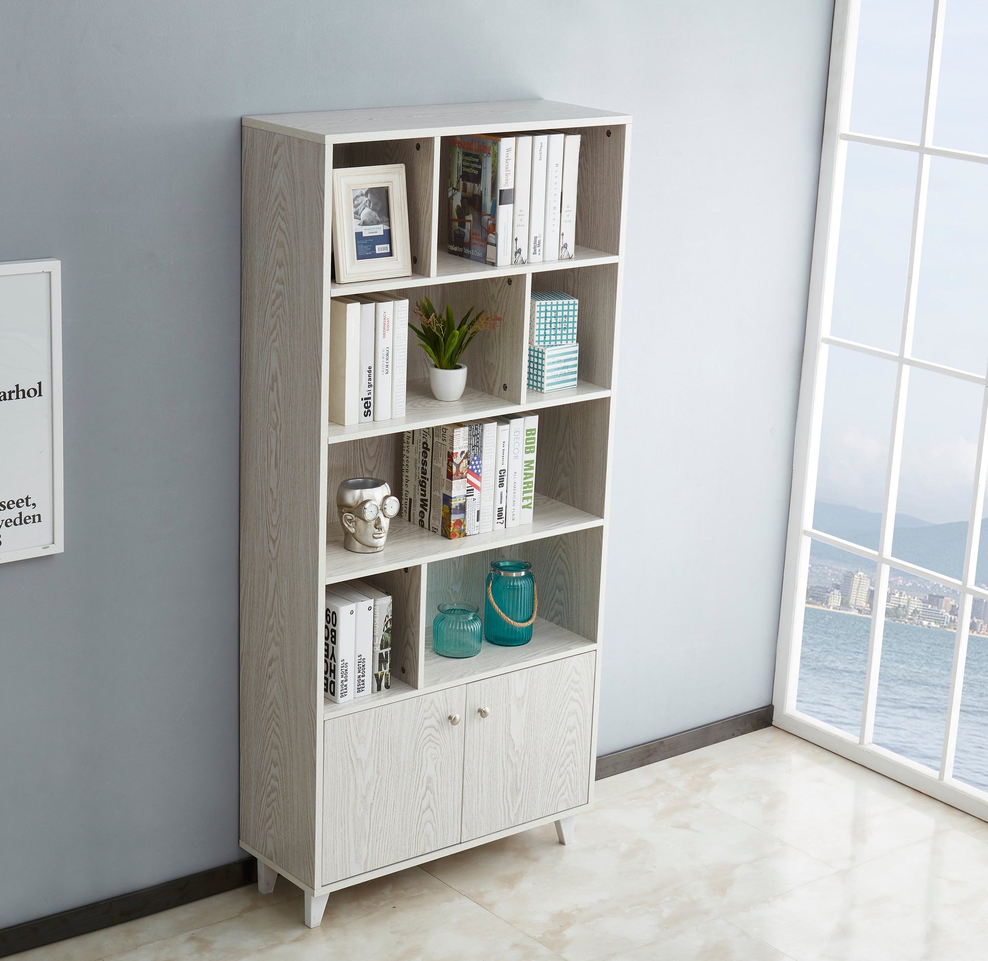 68" Bookcase with 2 Doors - White