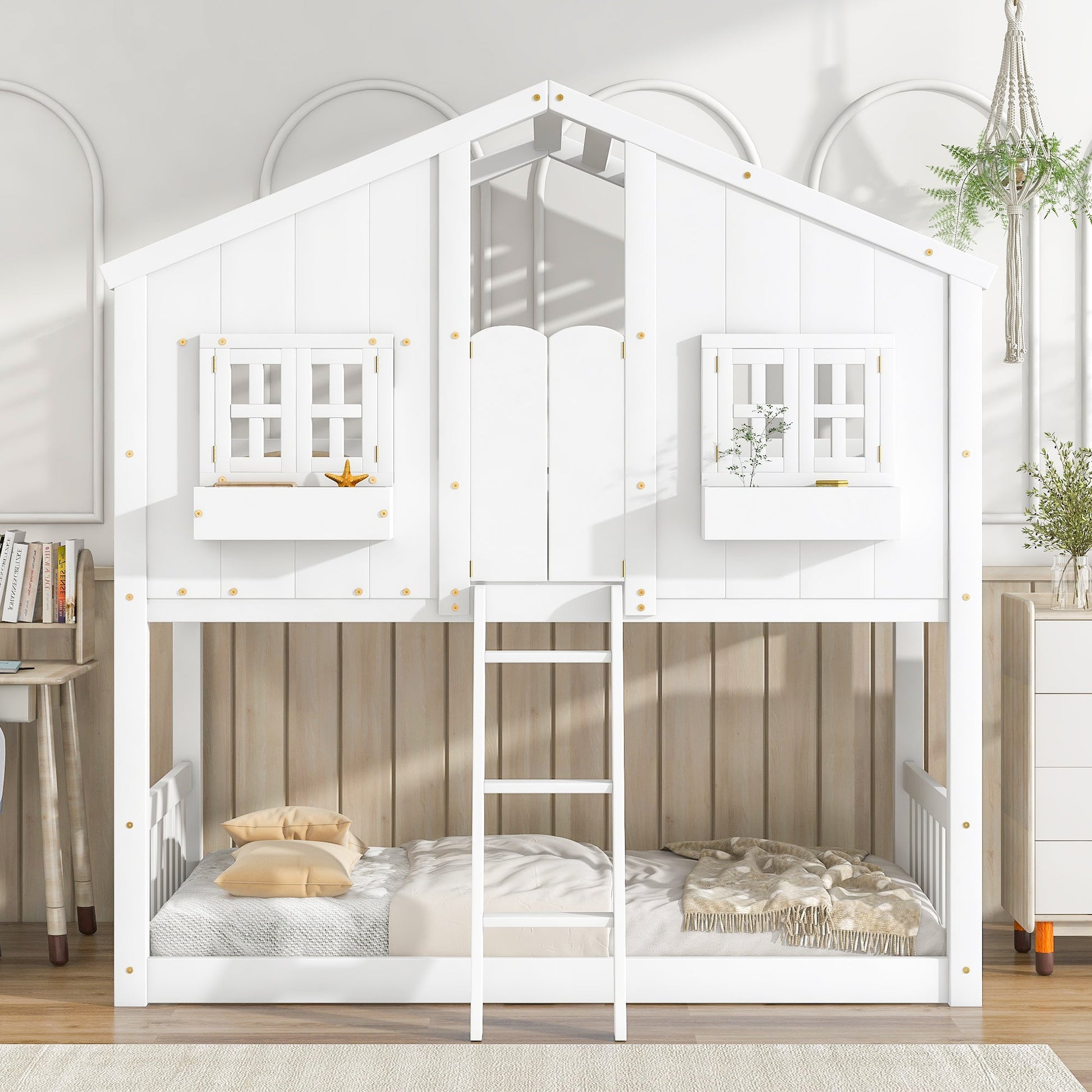 Inspirit Twin over Twin House Bunk Bed with Roof - White