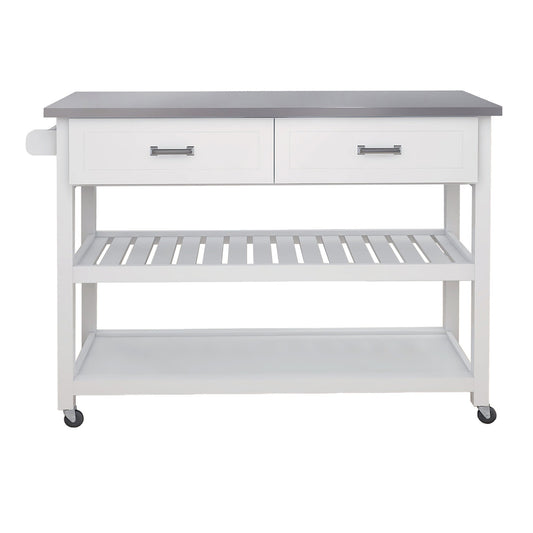 White Kitchen Cart with Stainless Steel Table Top & 2 Drawers