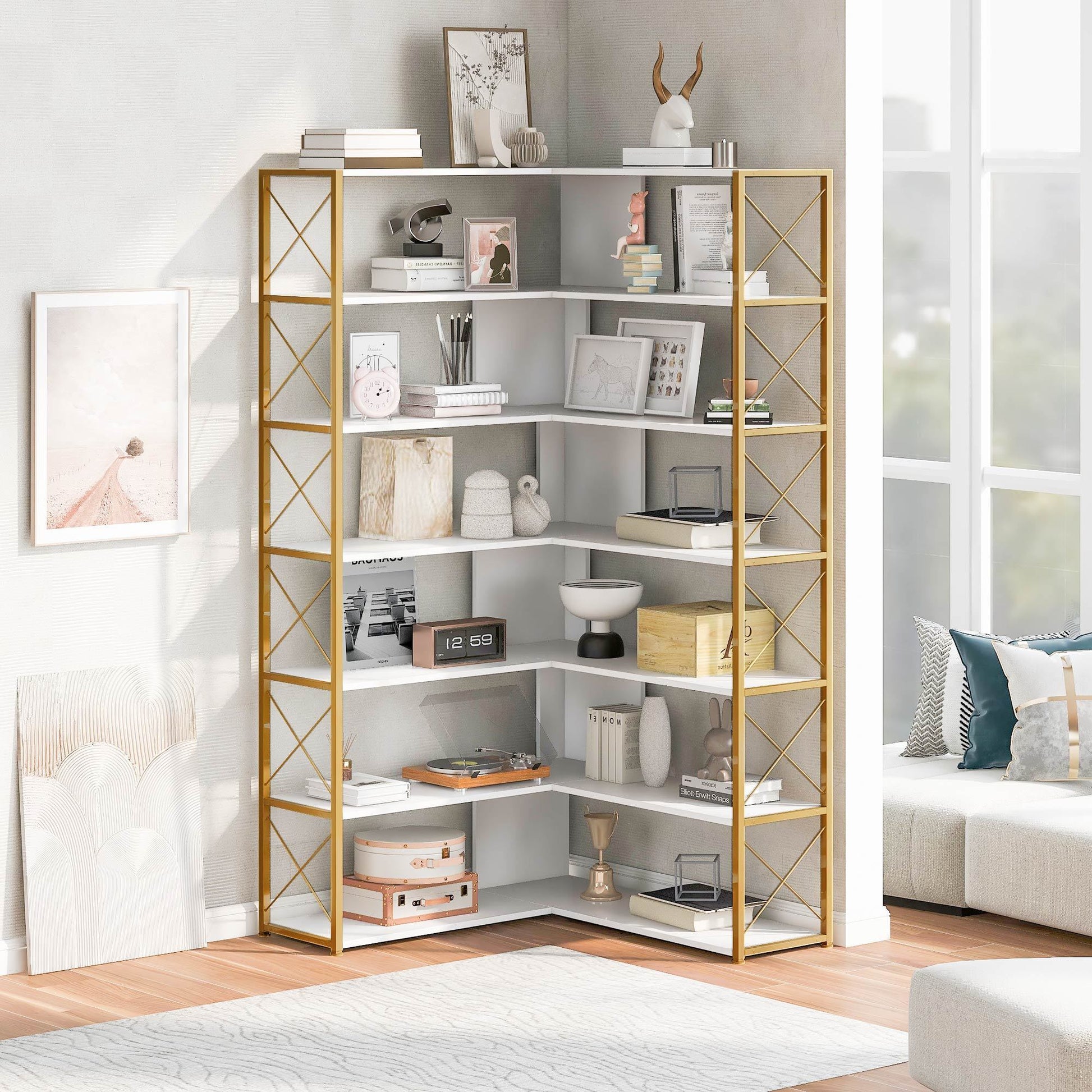 7-Tier L-Shaped Corner Bookcase with Metal Frame