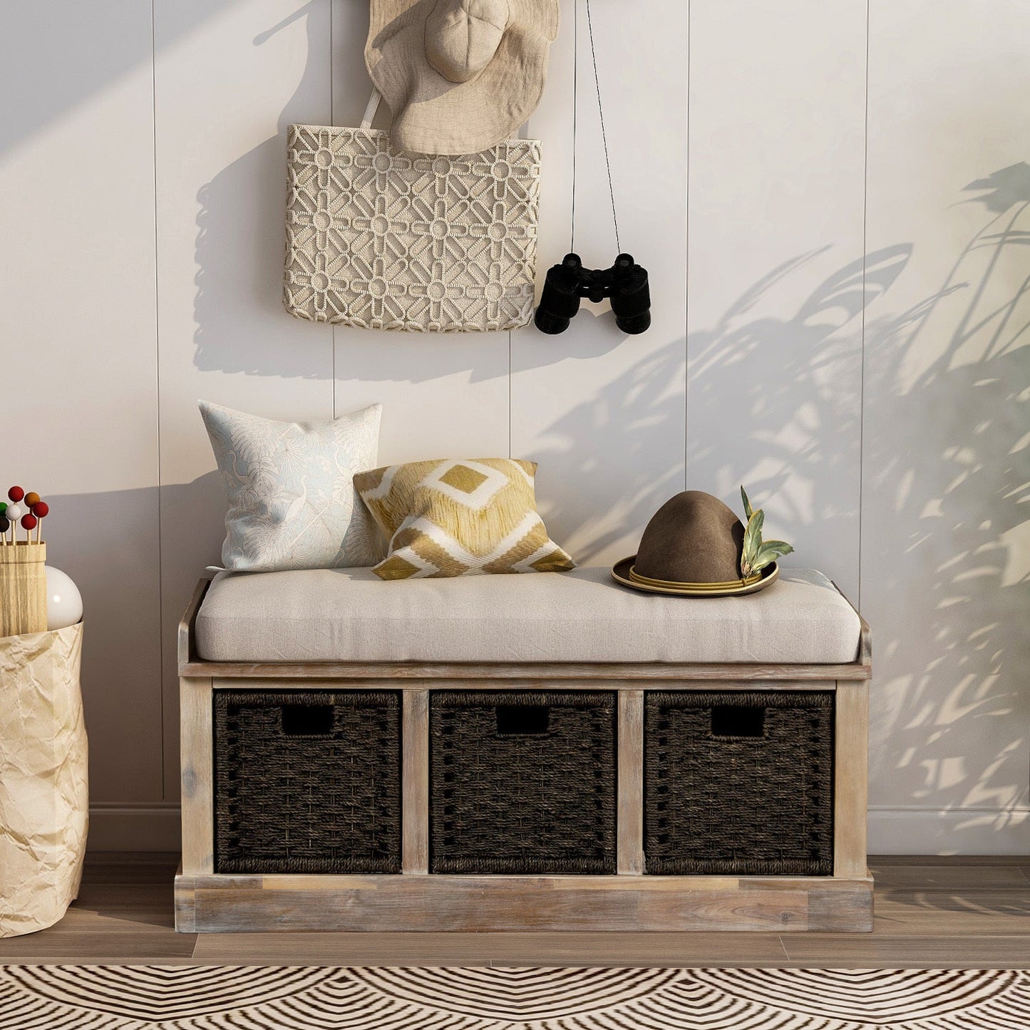 TREXM Rustic Storage Bench with 3 Removable Classic Rattan Basket - White Washed