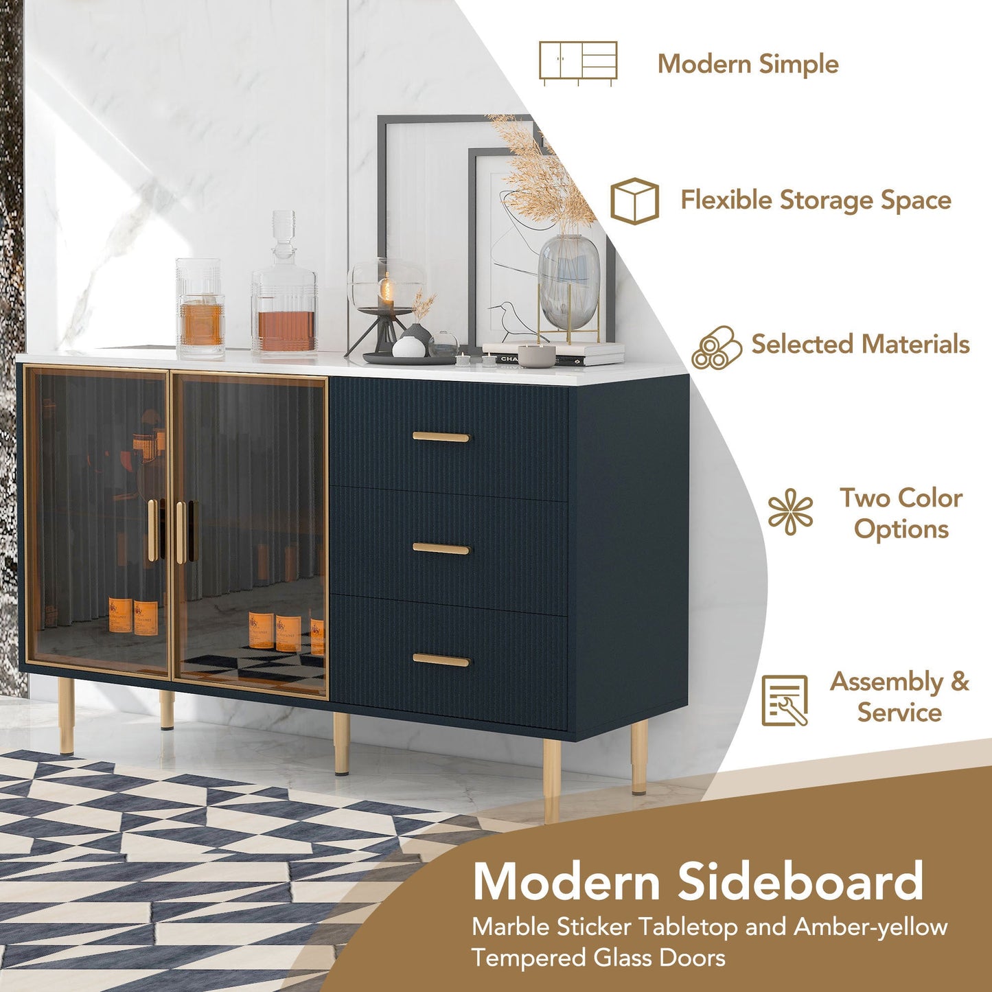 TREXM Modern Sideboard Cabinet Marble Sticker Tabletop and Amber-Yellow