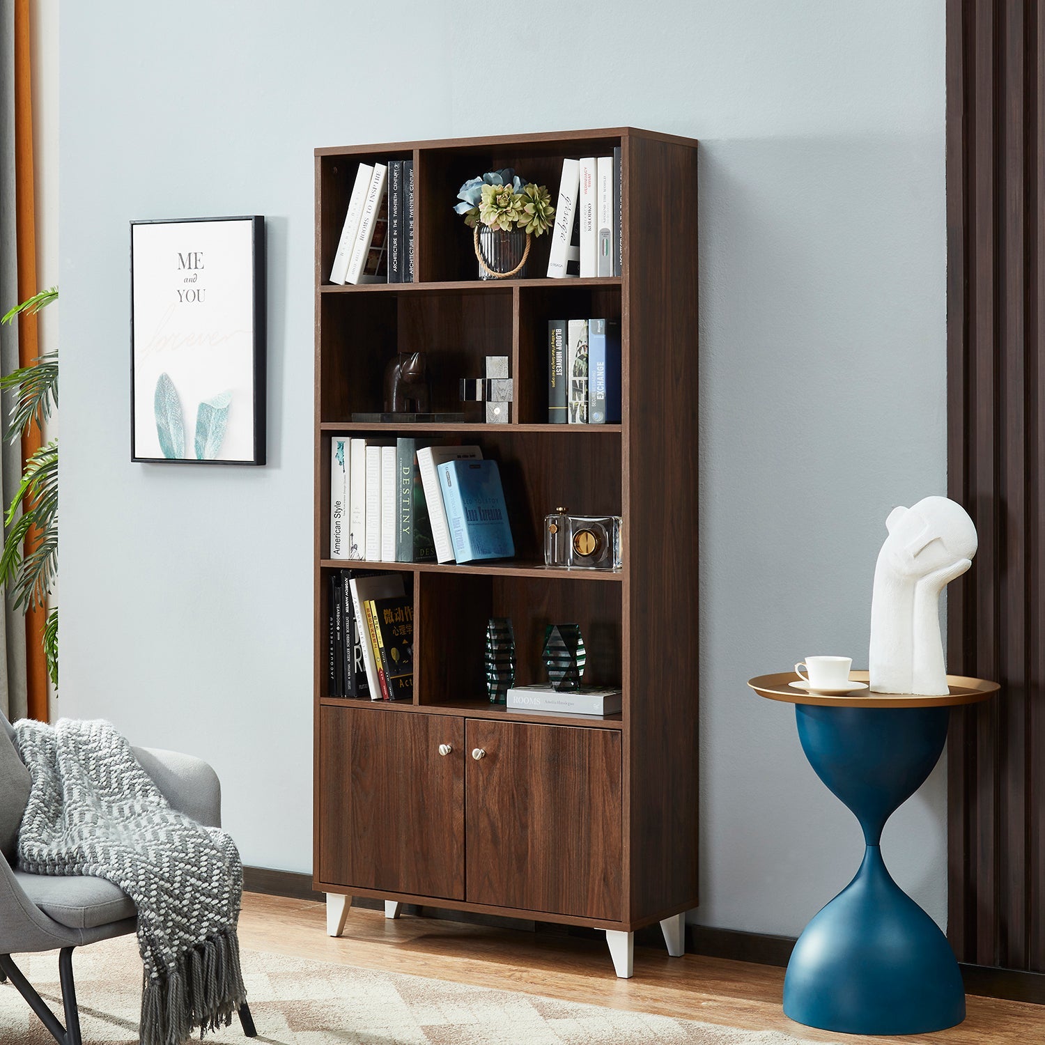 68" Bookcase with 2 Doors - Walnut