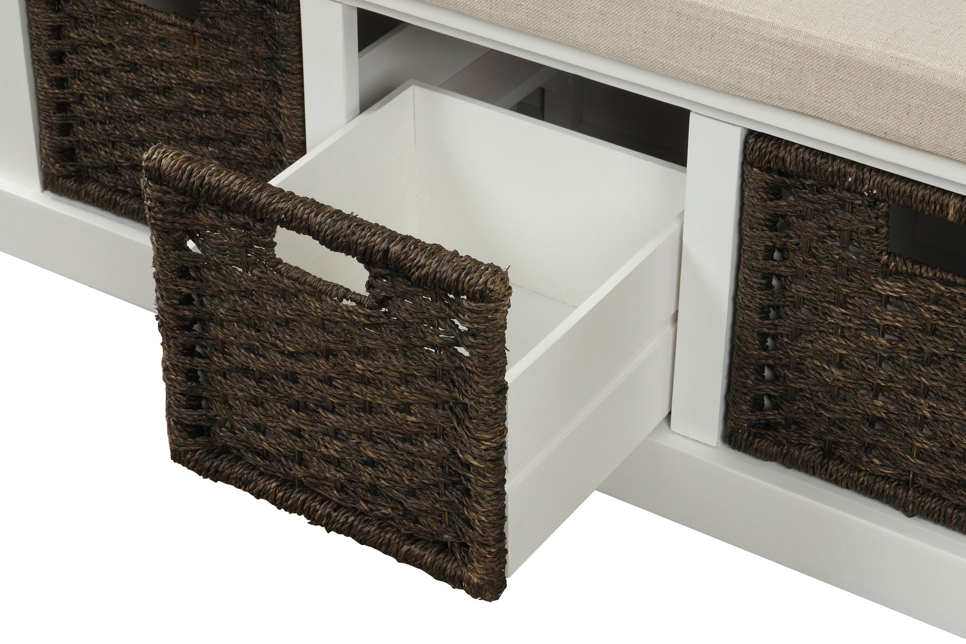 TREXM Rustic Storage Bench with 3 Removable Classic Rattan Baskets - White