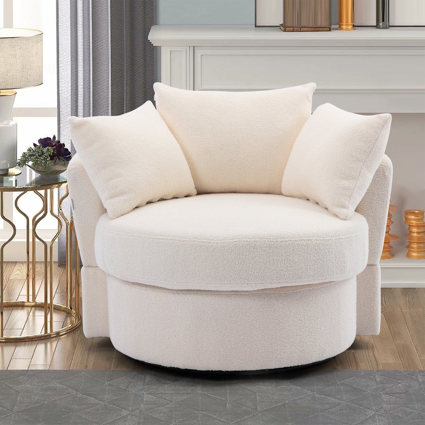 Modern Akili Swivel Barrel Chair in Plush Teddy Fabric